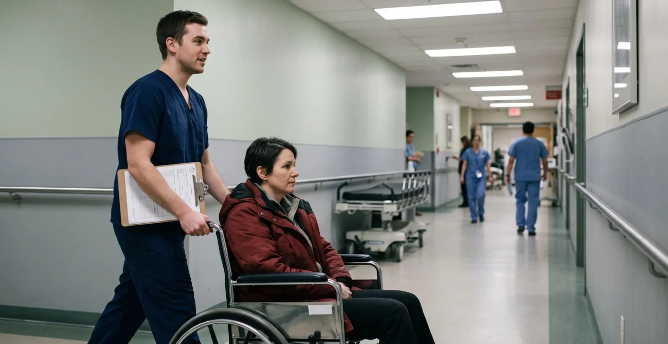 Une infirmière pousse un fauteuil roulant avec une patiente dans le couloir d'un service d'urgence au Canada.