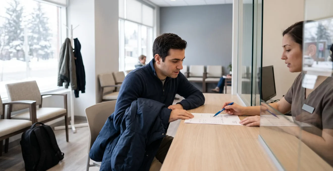 Un voyageur étranger examine une facture de consultation médicale au comptoir d'accueil d'une clinique au Canada.