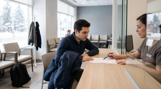 Un voyageur étranger examine une facture de consultation médicale au comptoir d'accueil d'une clinique au Canada.