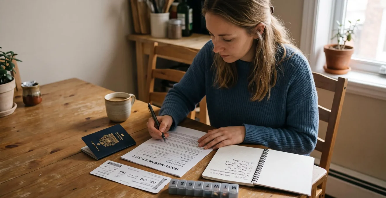 Une voyageuse vérifie ses documents d'assurance et sa check-list santé sur une table avant son départ pour le Canada.